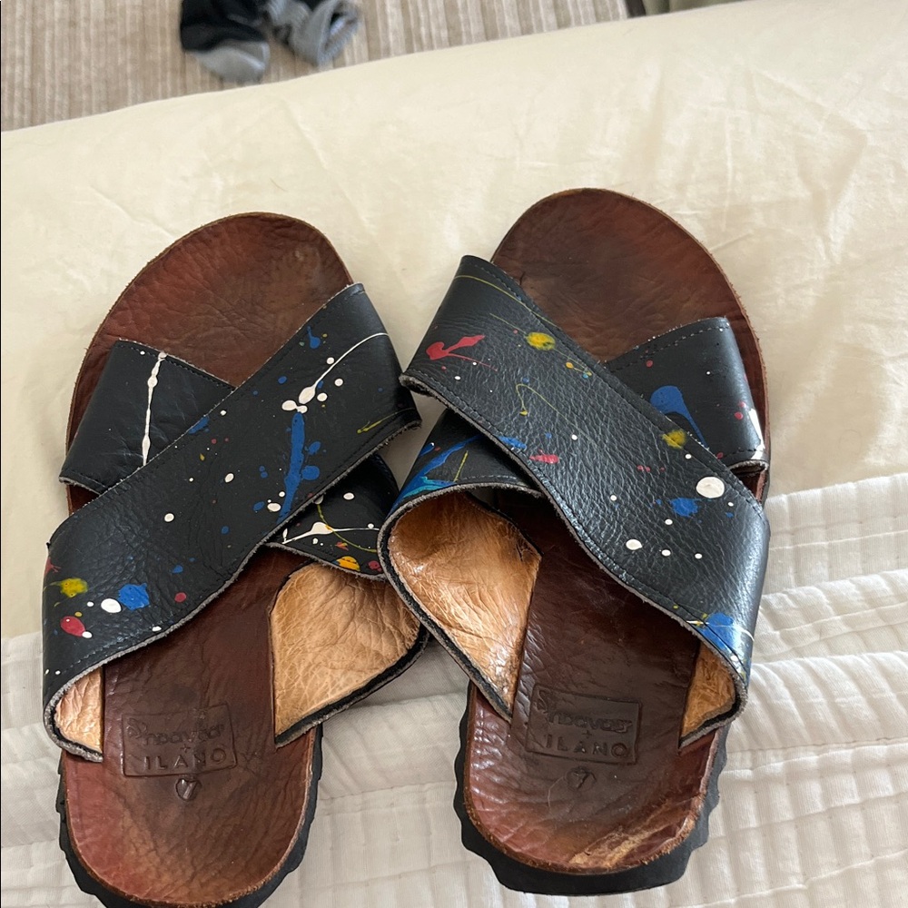 Stylish Black Leather Sandals with Colorful Accents
